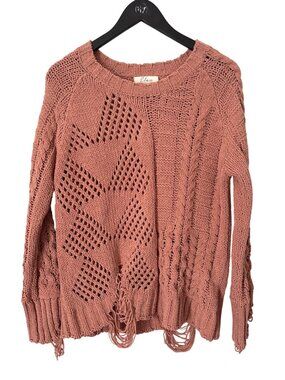 Elan Distressed Sweater Size Small Crewneck Cable Knit Open Weave Chenille Comfy